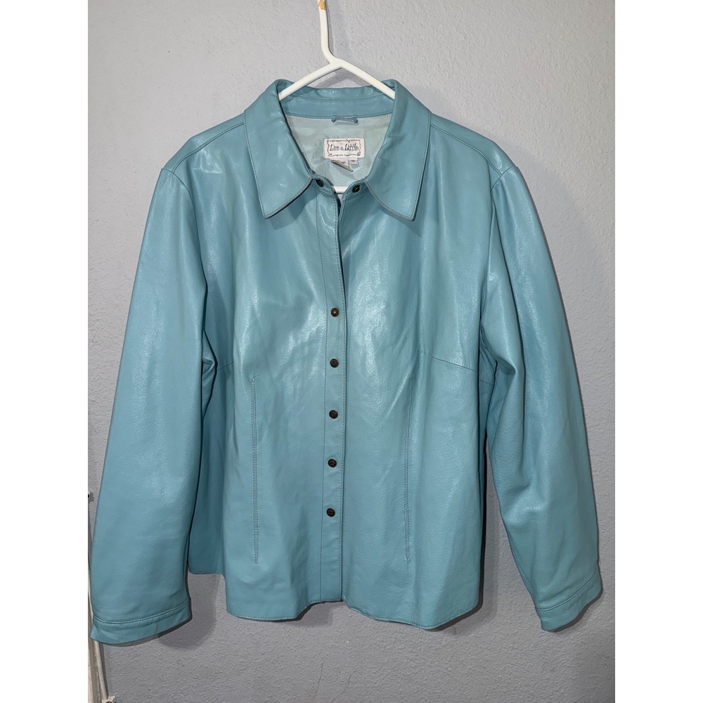 Live a Little Vintage 90s Light Blue Leather Jacket 1X Button Down Womens Y2K